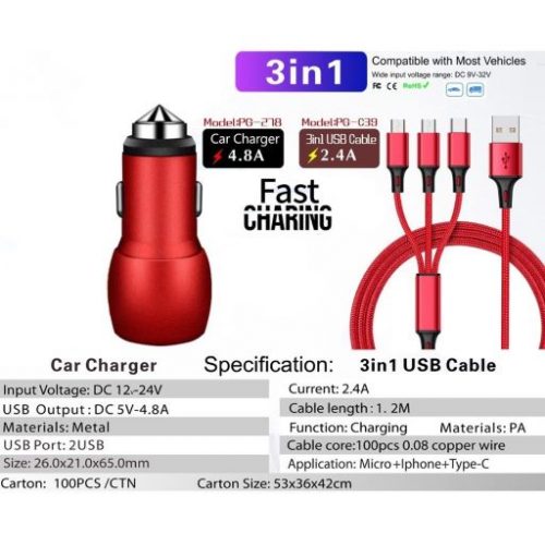 TẨU SẠC PUGAN 4.8A CAO CẤP 3 TRONG 1 DÀNH CHO XE Ô TÔ